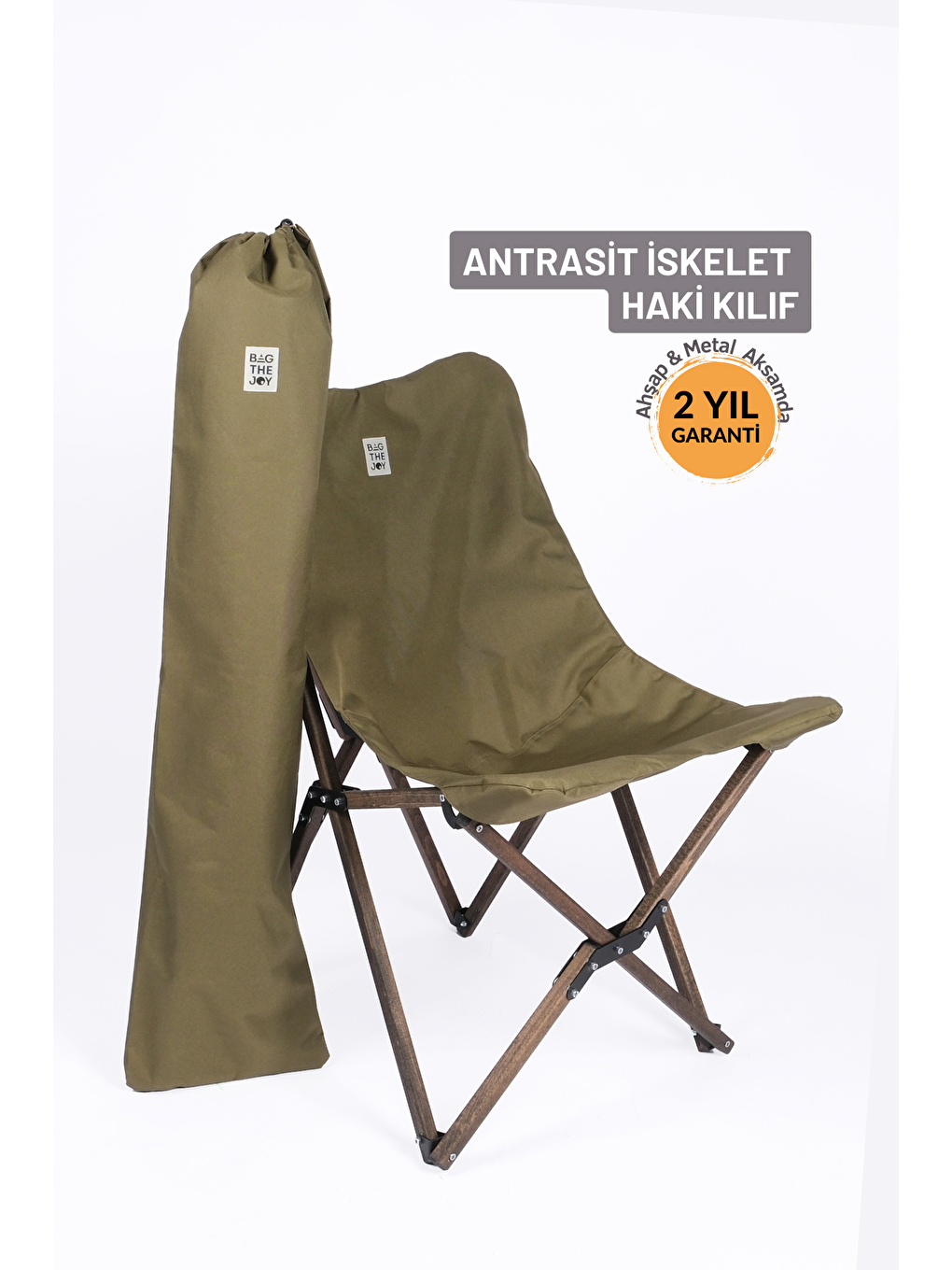 Antrasit İskelet –Haki Kılıf Ahşap Katlanır Kamp & Bahçe Sandalyesi