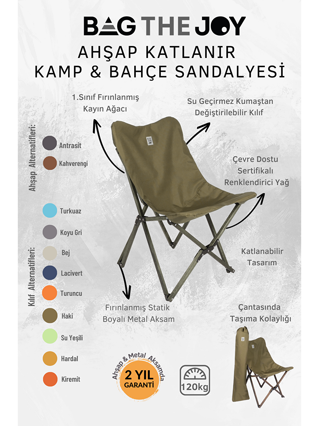 Antrasit İskelet –Haki Kılıf Ahşap Katlanır Kamp & Bahçe Sandalyesi-4