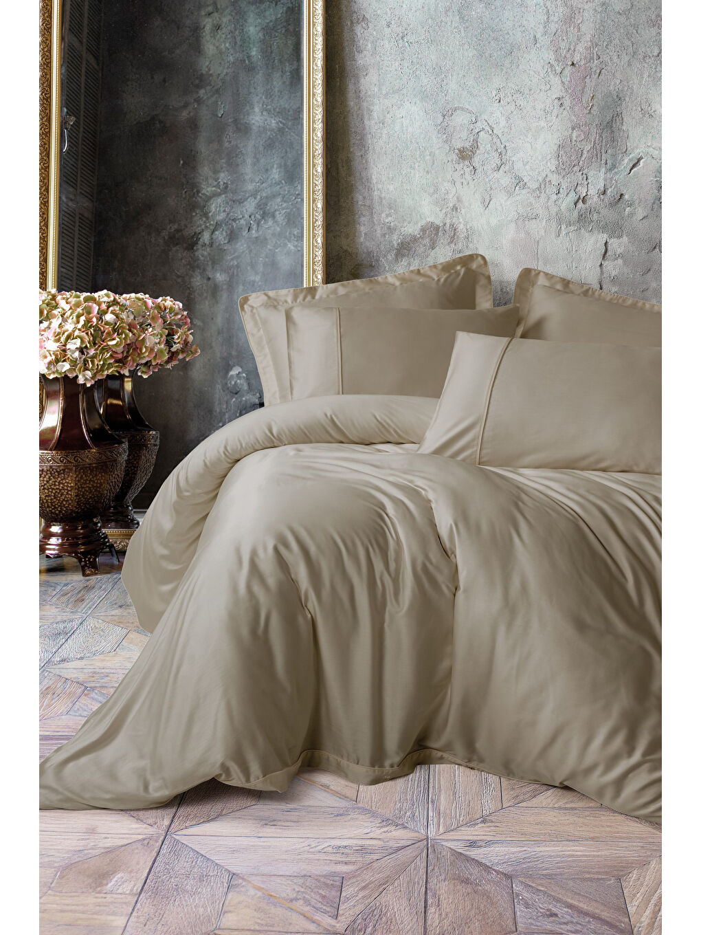 Karışık Pamuk Box Silky Saten Çift Kişilik Nevresim Takımı Bej