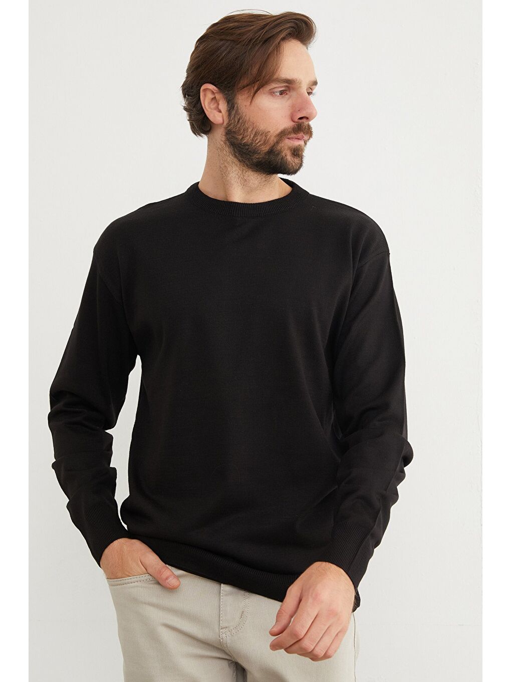 Siyah Basic Bisiklet Yaka Triko Kazak-1