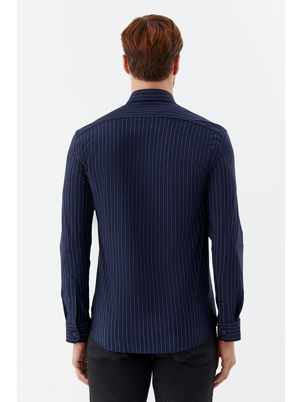 Klasik Yaka Çizgili Erkek Gömlek Lacivert-Beyaz-4