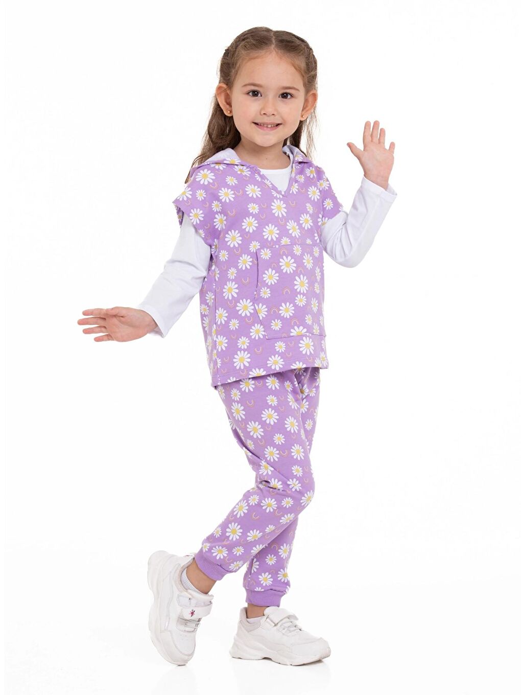 Lila Papatya Desenli 3'lü Yelekli Takım-1