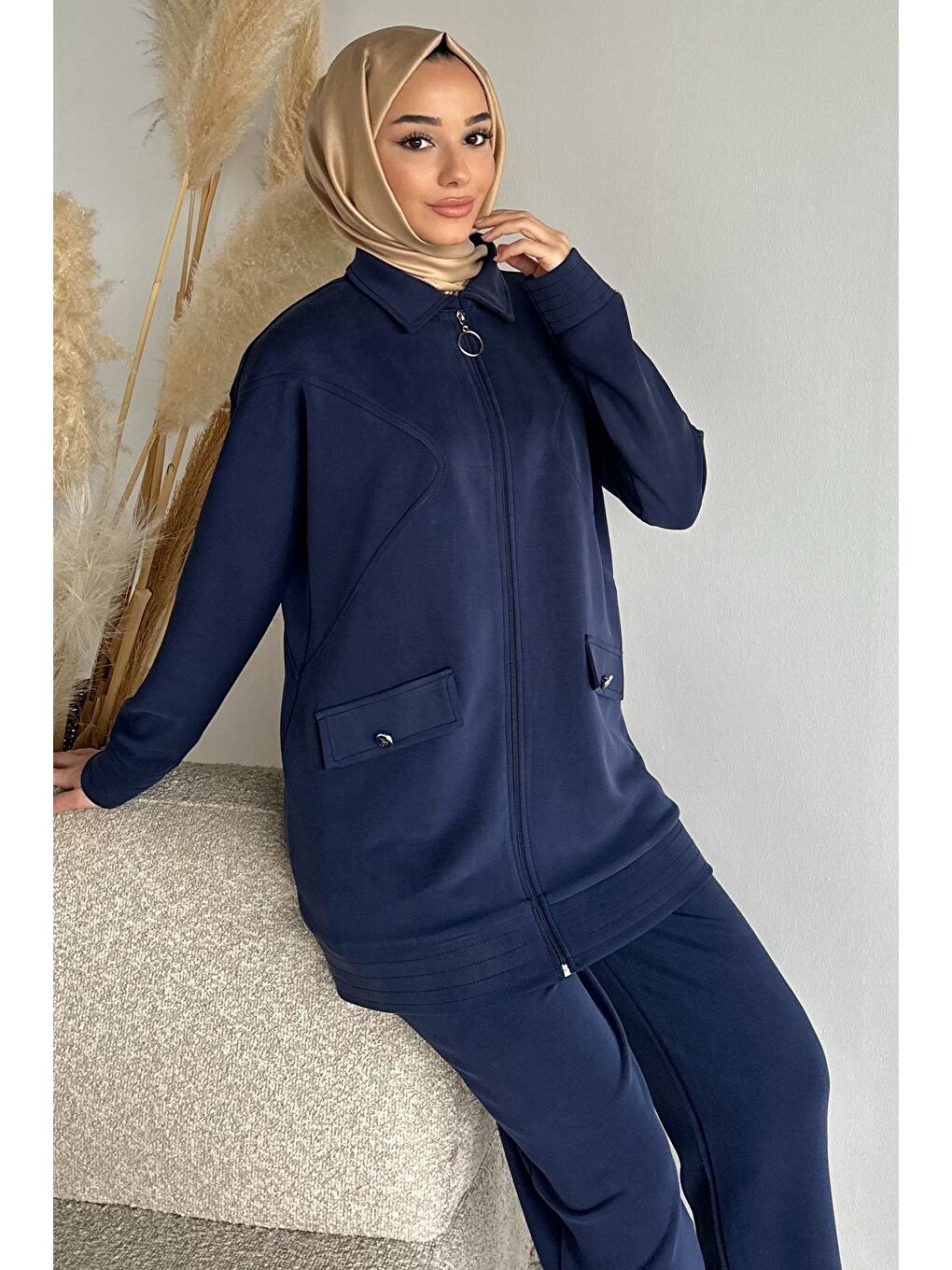 Lacivert Ön Fermuarlı Tunik Bel Lastikli Pantolon Tesettür İkili Takım-3