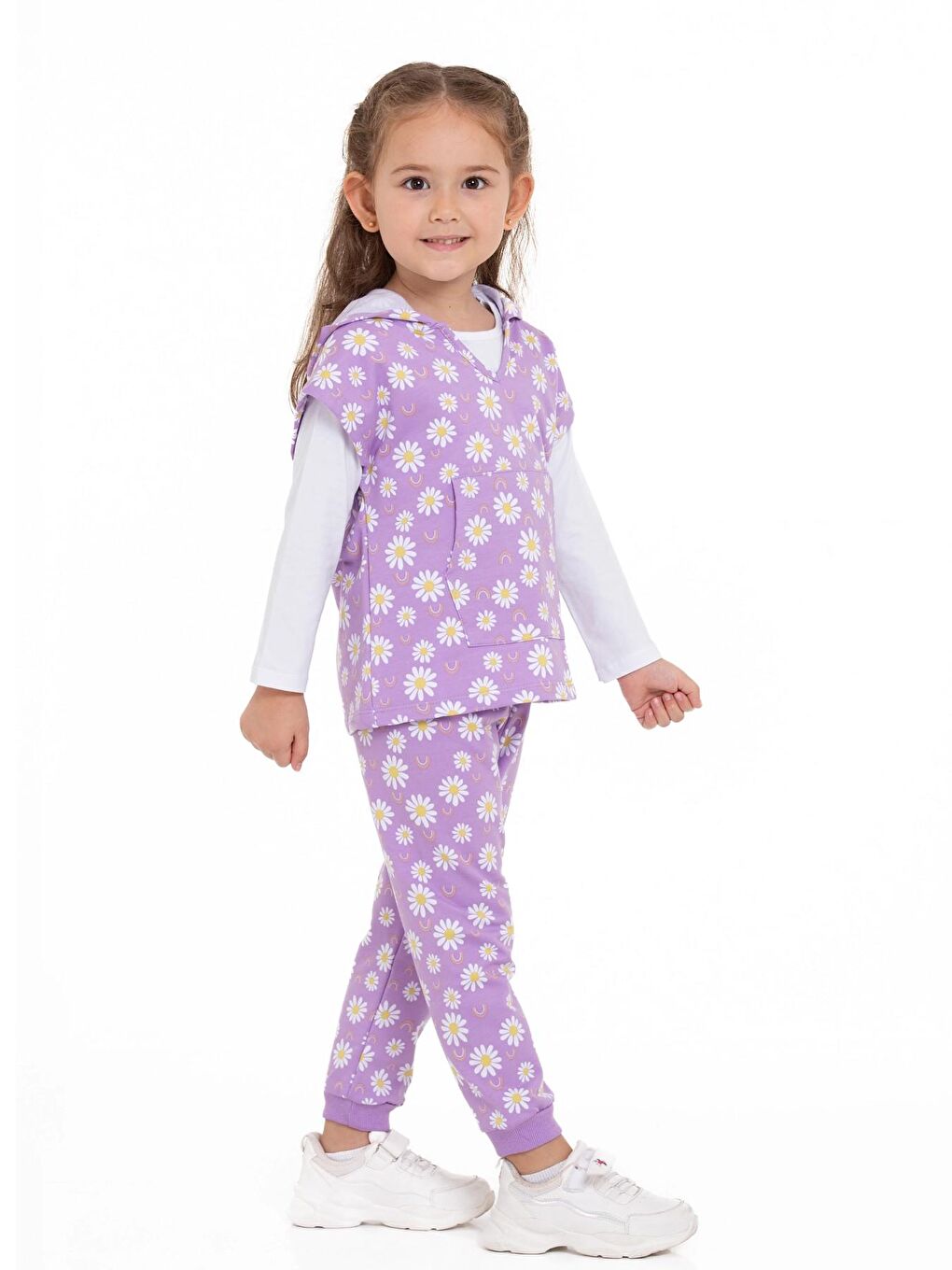 Lila Papatya Desenli 3'lü Yelekli Takım-2