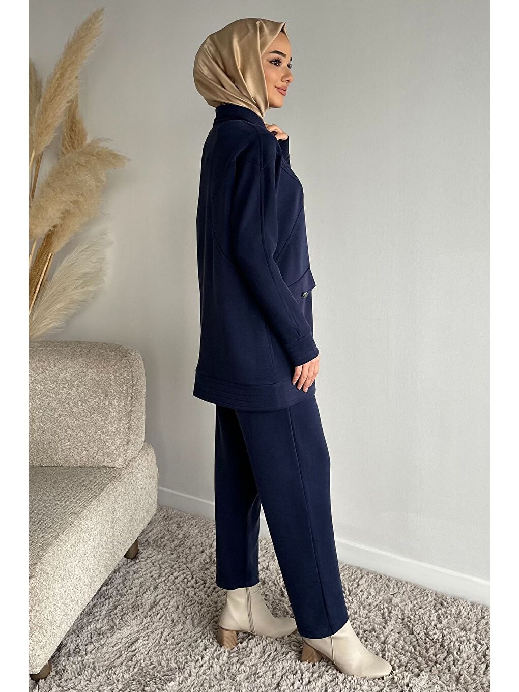 Lacivert Ön Fermuarlı Tunik Bel Lastikli Pantolon Tesettür İkili Takım-5