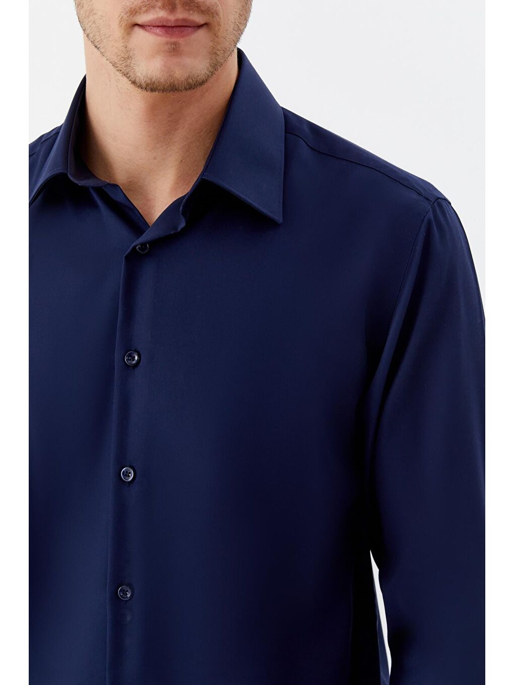 Erkek Lacivert Sivri Yaka %100 Pamuk Regular Fit Uzun Kollu Gömlek-2