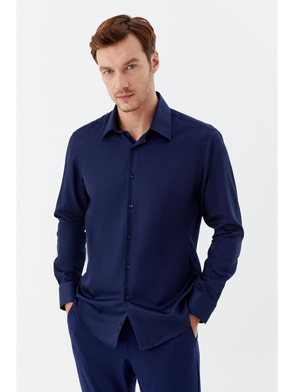Erkek Lacivert Sivri Yaka %100 Pamuk Regular Fit Uzun Kollu Gömlek-3