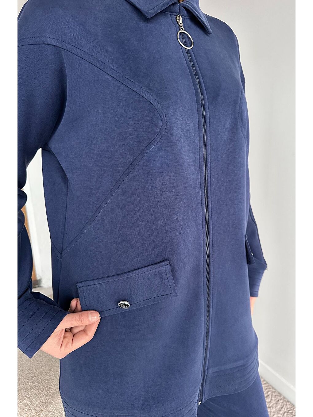 Lacivert Ön Fermuarlı Tunik Bel Lastikli Pantolon Tesettür İkili Takım-7