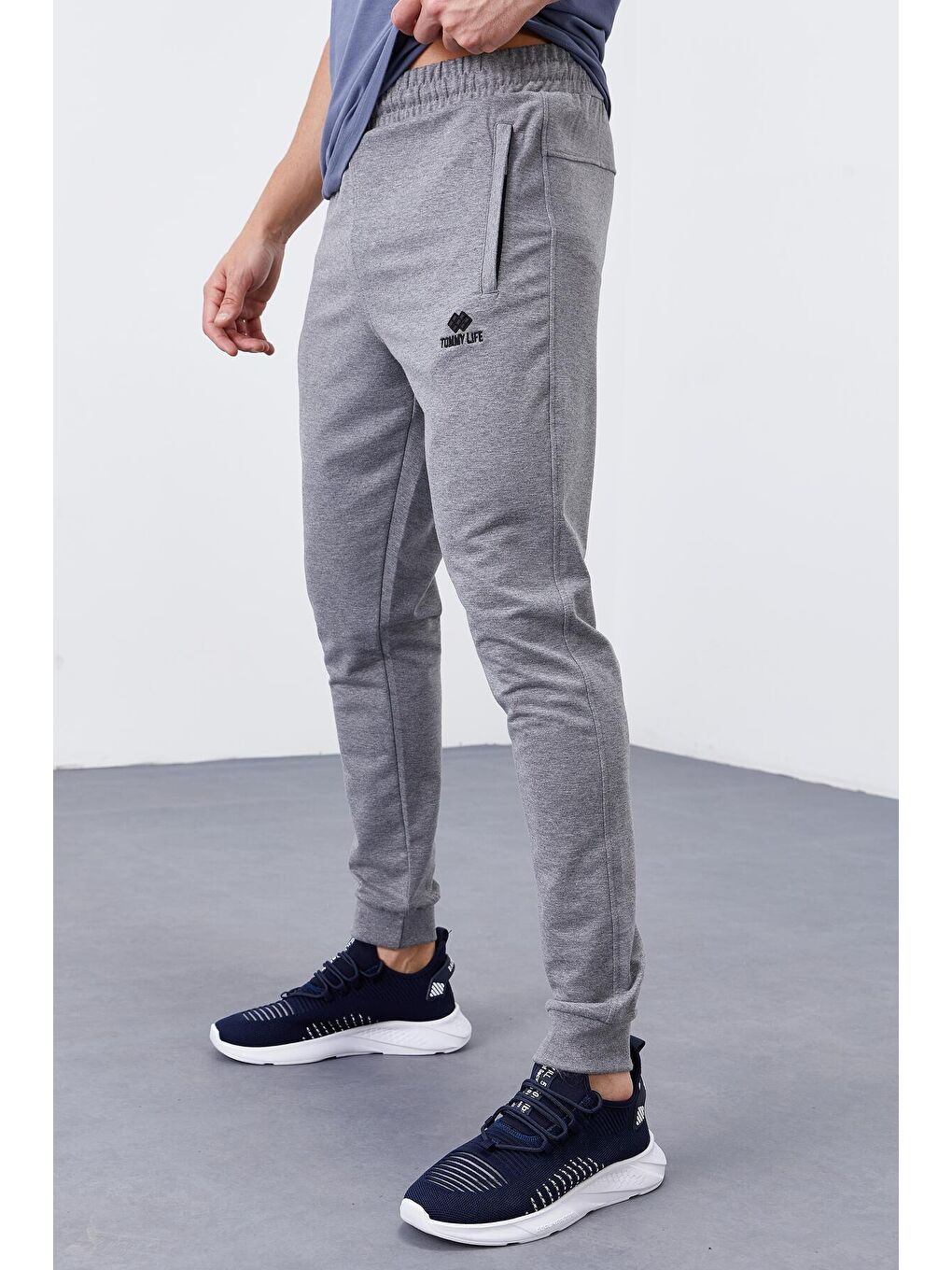 TOMMYLIFE Gri Melanj Fermuar Cepli Dar Kalıp  Jogger Erkek Eşofman Alt - 84343 - 1