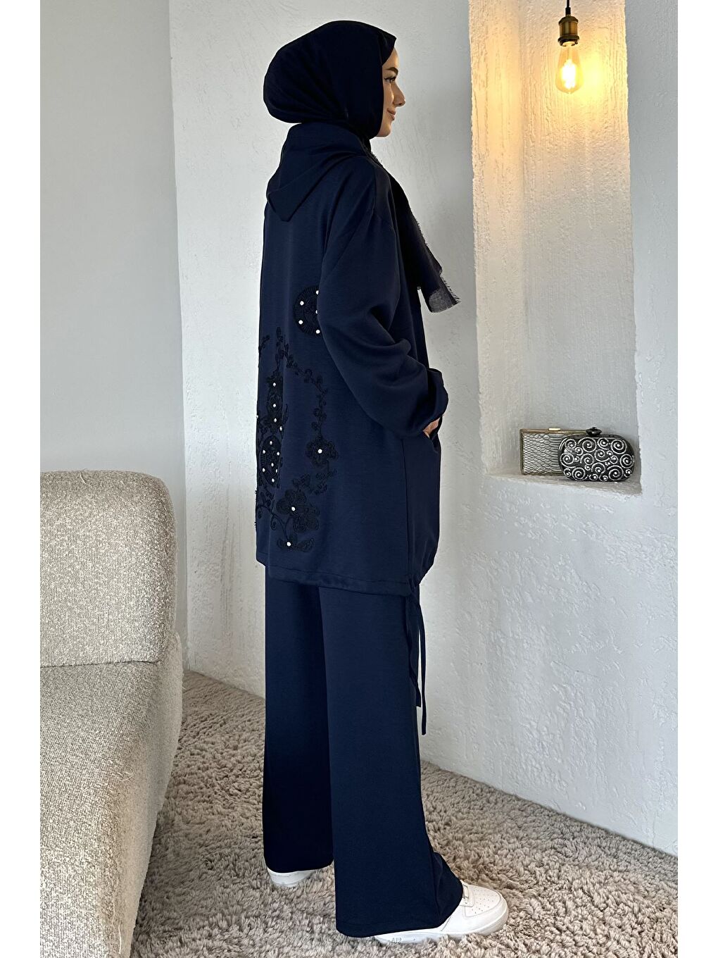 Lacivert Ön Fermuarlı Kapüşonlu Tunik Bel Lastikli Pantolon Tesettür İkili Takım-4