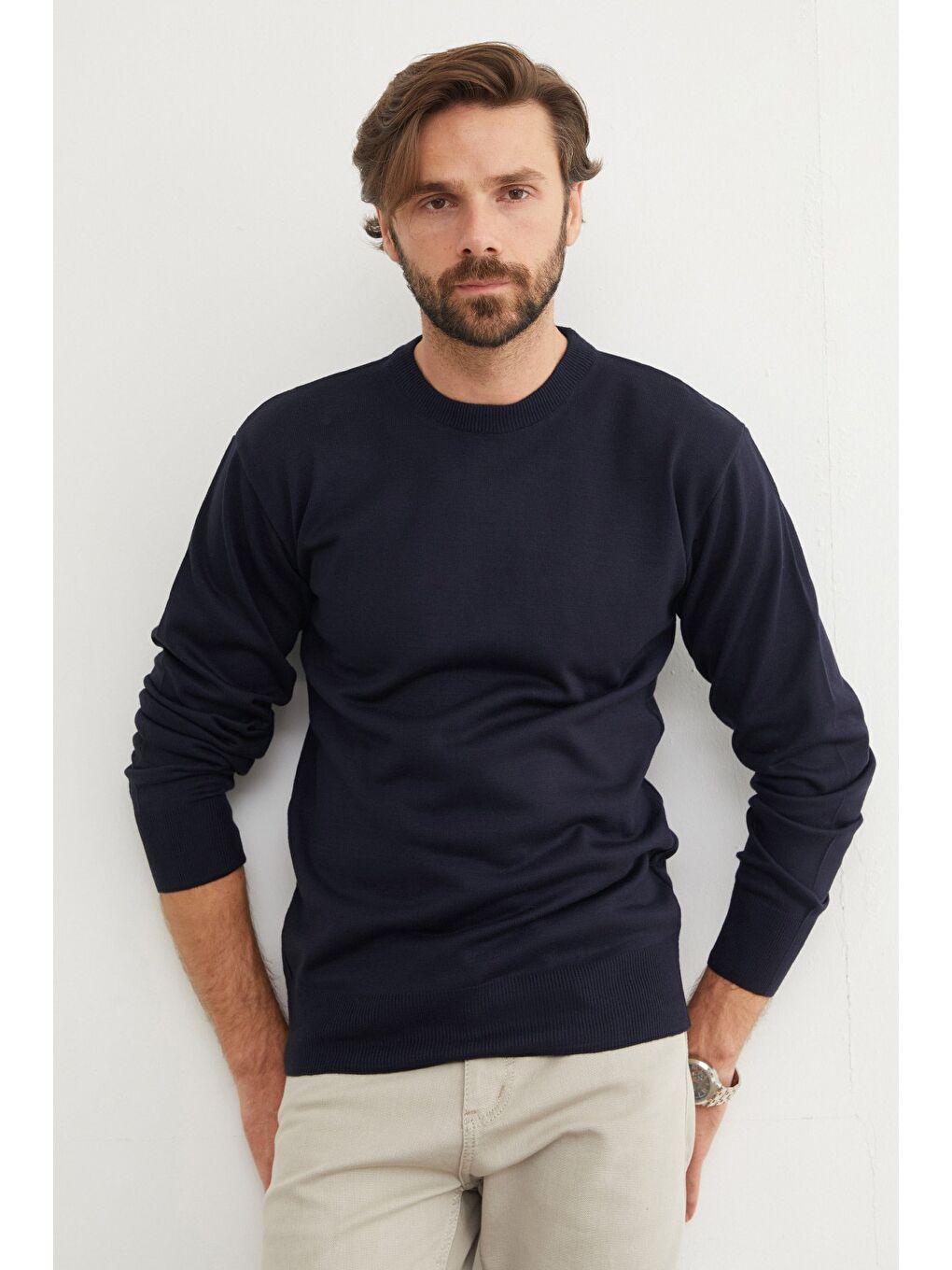 Lacivert Basic Bisiklet Yaka Triko Kazak