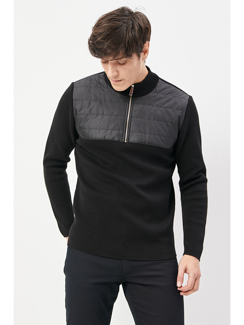 Erkek Siyah Standart Fit Normal Kesim Bato Yaka %100 Pamuk Triko-1