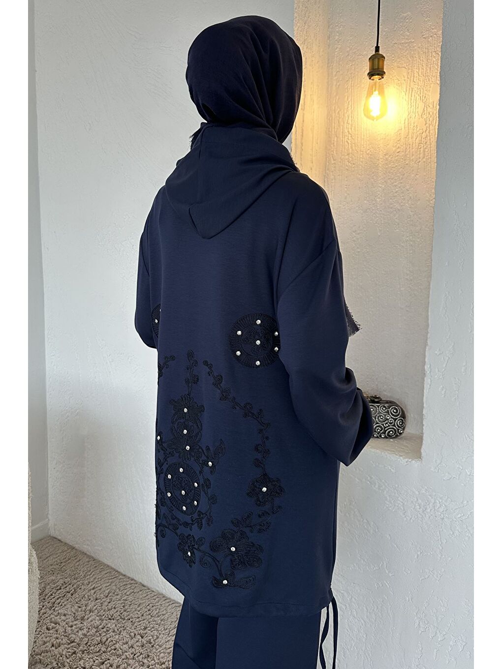 Lacivert Ön Fermuarlı Kapüşonlu Tunik Bel Lastikli Pantolon Tesettür İkili Takım-7