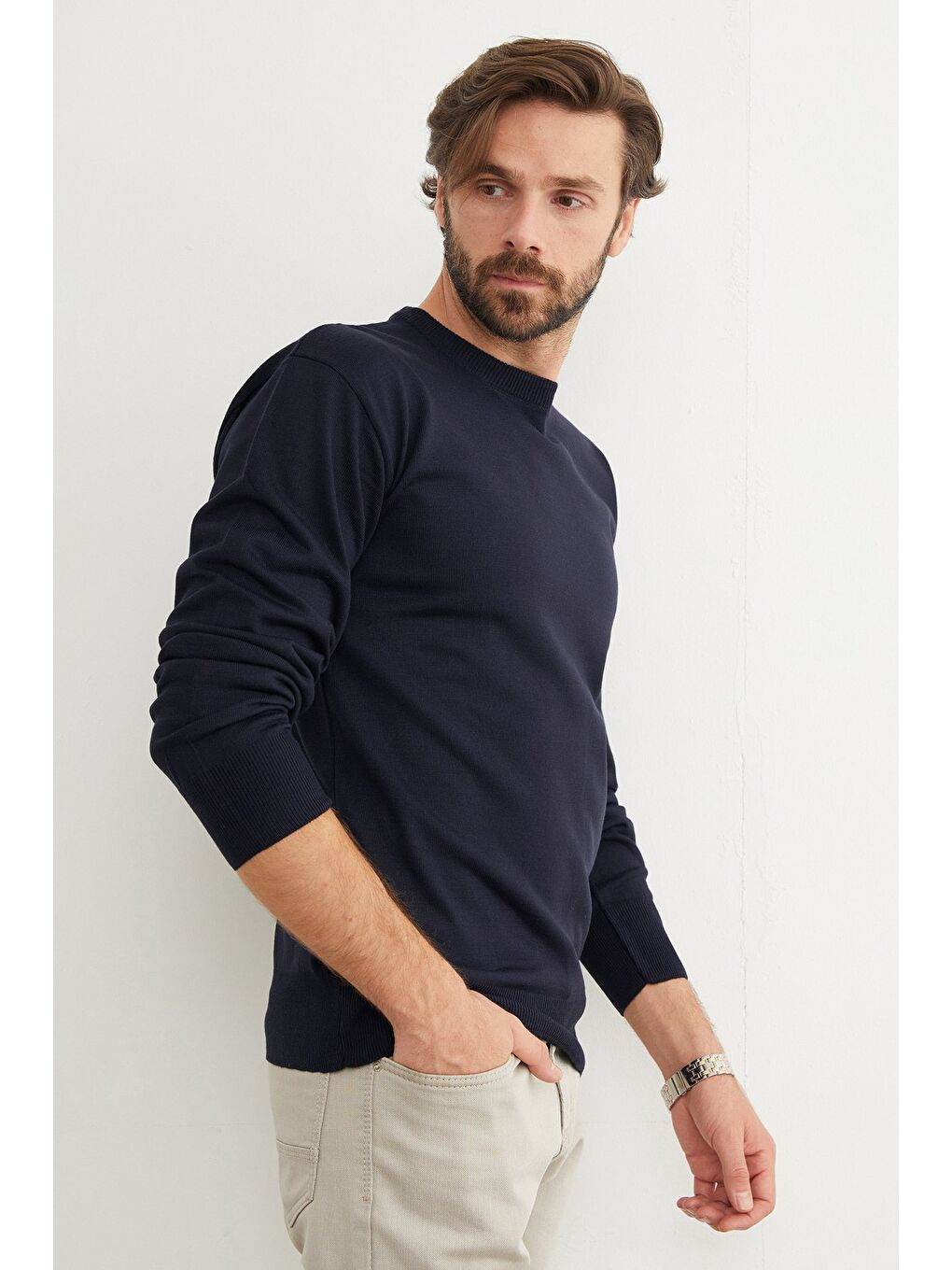 Lacivert Basic Bisiklet Yaka Triko Kazak-1