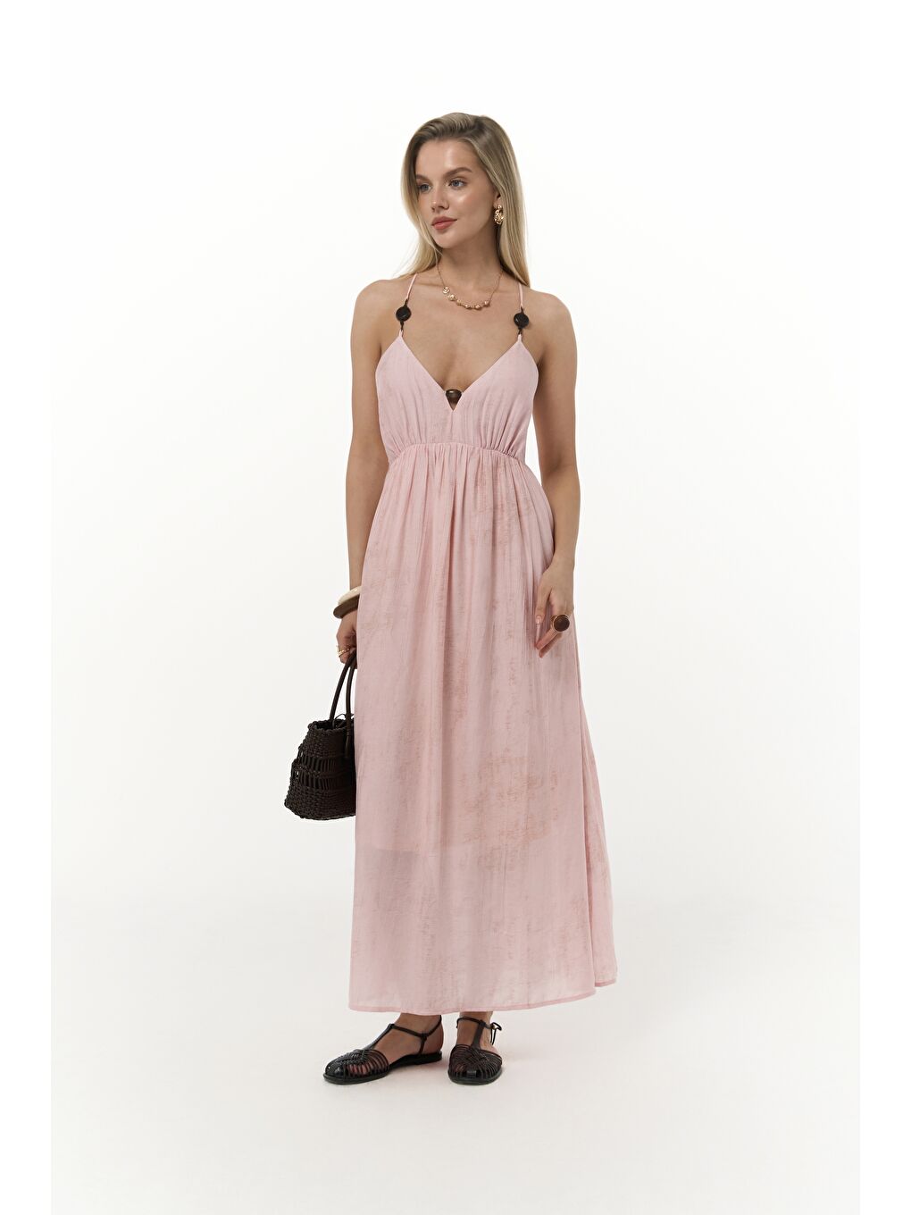 Aden Boncuk Detay Pembe Elbise-1