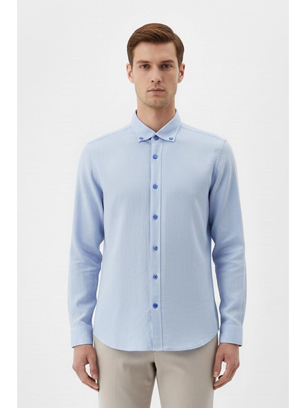 Giotelli Mavi Regular Fit %100 Keten Düğmeli Yaka Erkek Gömlek