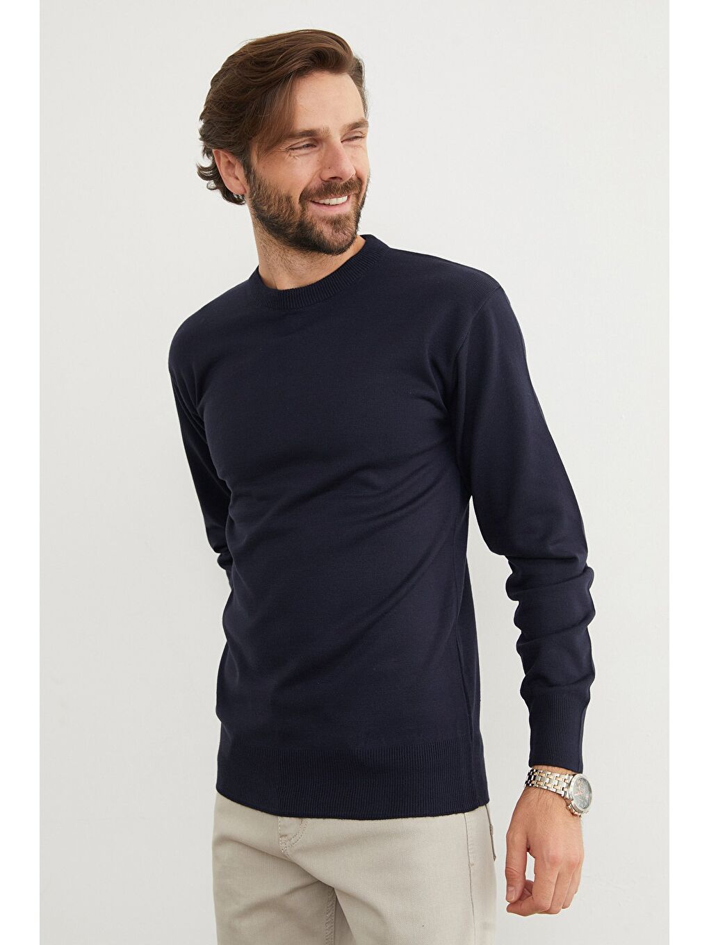 Lacivert Basic Bisiklet Yaka Triko Kazak-2