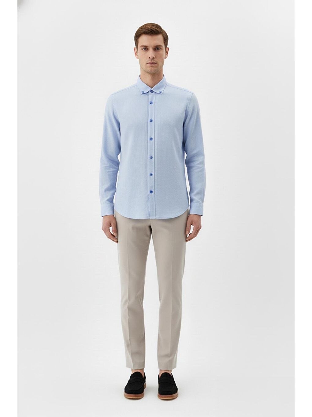 Giotelli Mavi Regular Fit %100 Keten Düğmeli Yaka Erkek Gömlek-1