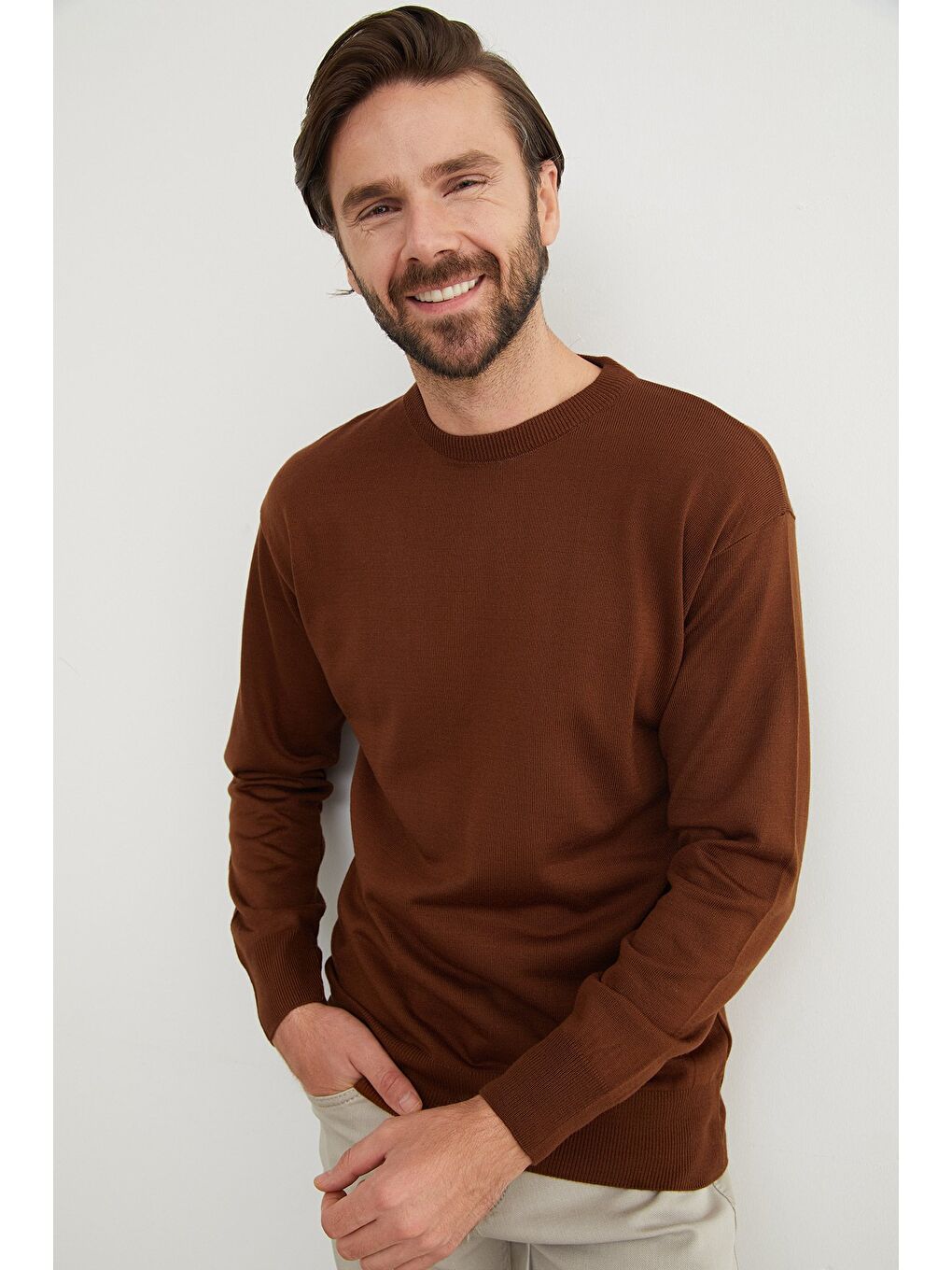 Bej Basic Bisiklet Yaka Triko Kazak-1