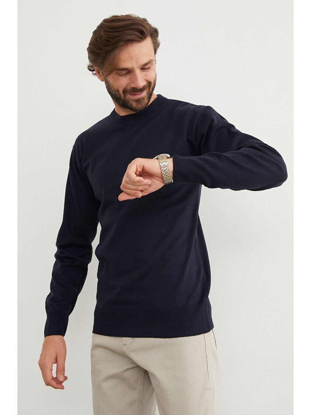 Lacivert Basic Bisiklet Yaka Triko Kazak-4