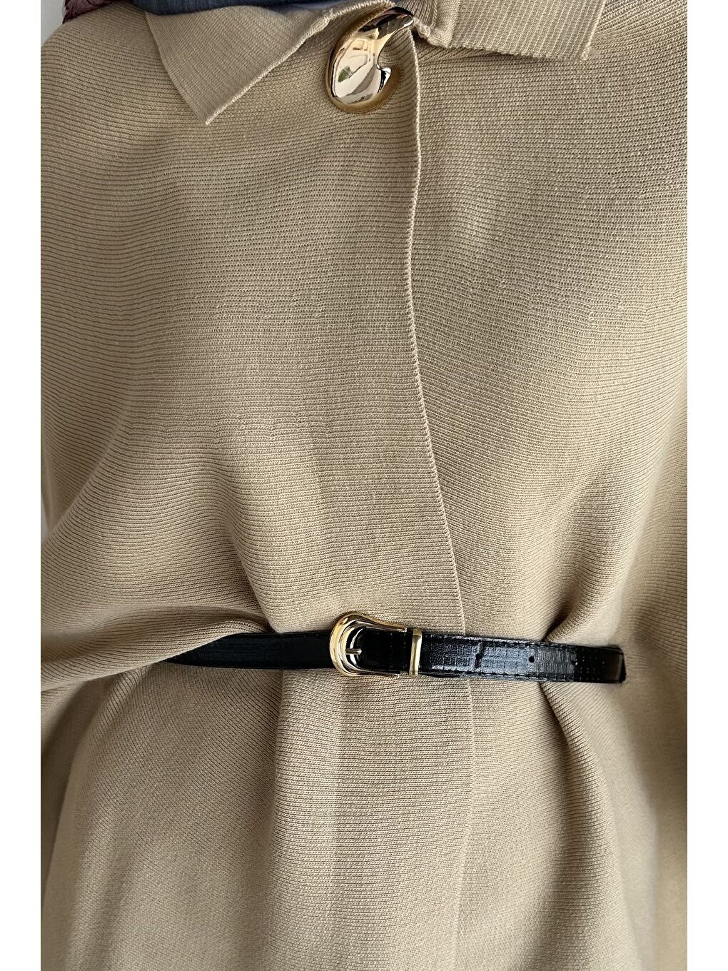 Bej Gülseli Kadın Gold Düğmeli Kemer Detaylı Triko Panço Pantolon Tesettür İkili Takım-6