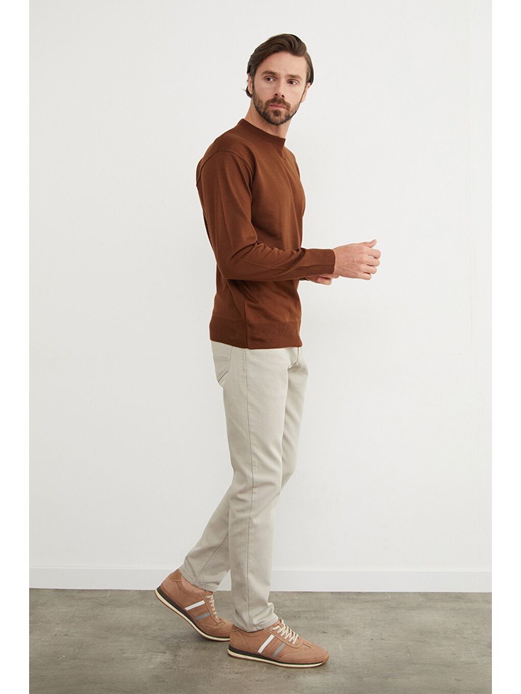 Bej Basic Bisiklet Yaka Triko Kazak-2