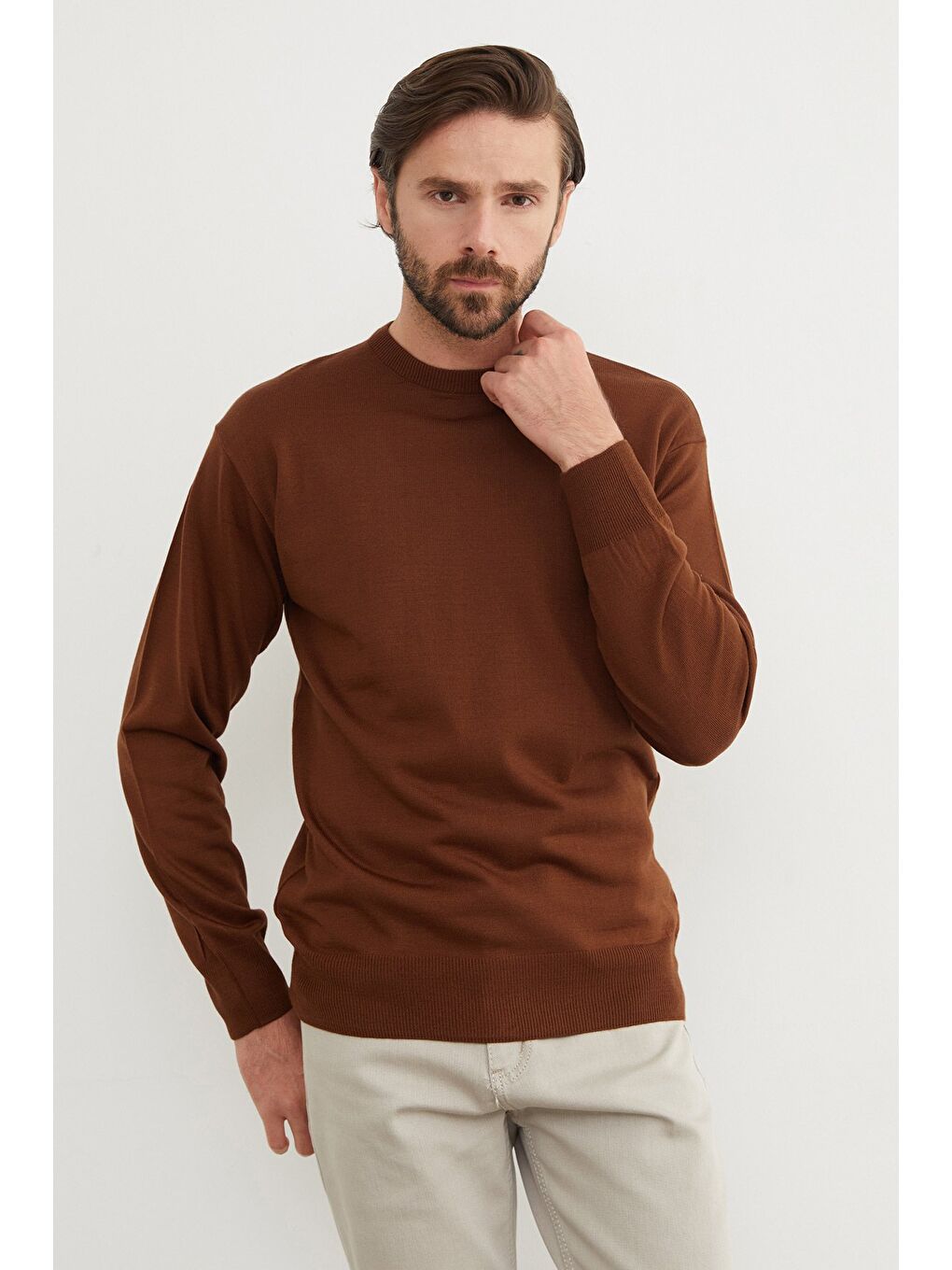 Bej Basic Bisiklet Yaka Triko Kazak-3