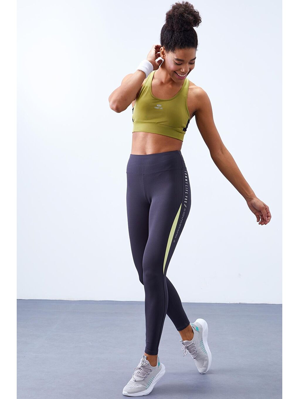 Antrasit Yarım Şerit Detaylı Yüksek Bel Slim Fit Kadın Tayt  - 94609-4