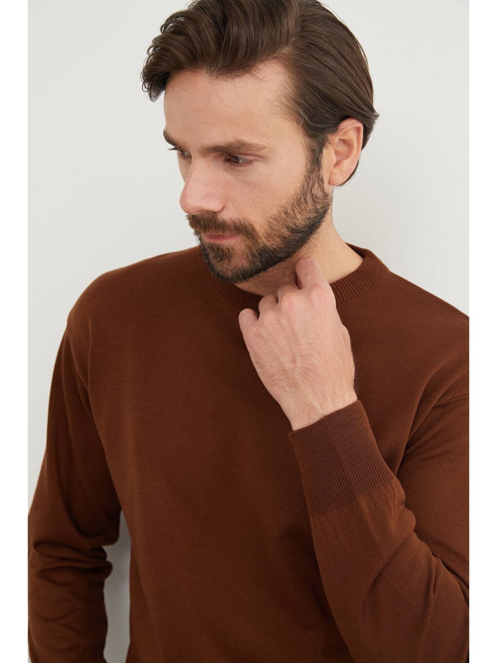 Bej Basic Bisiklet Yaka Triko Kazak-4