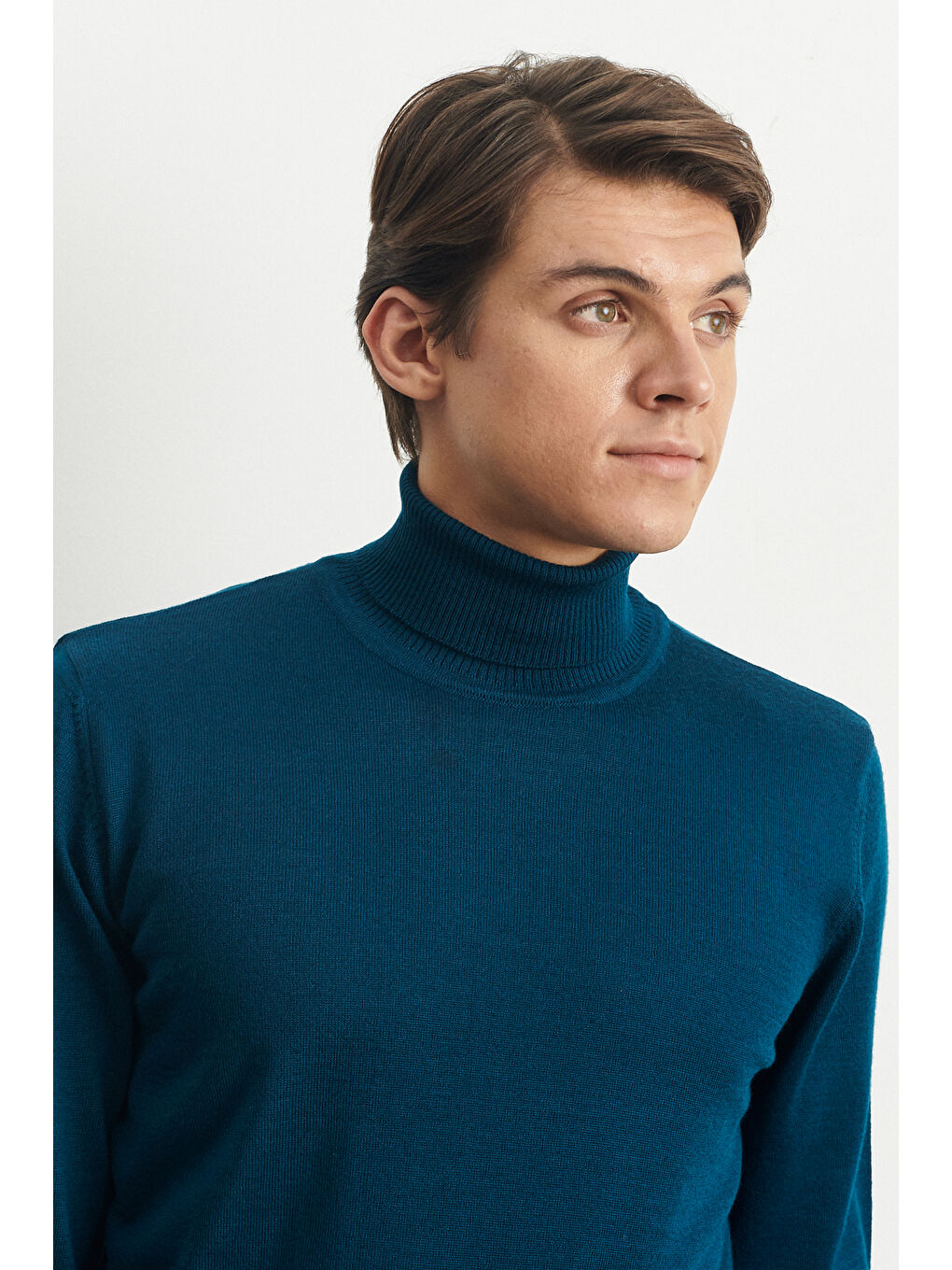 Erkek Petrol Standart Fit Normal Kesim Tam Balıkçı Yaka Yünlü Triko Kazak-3