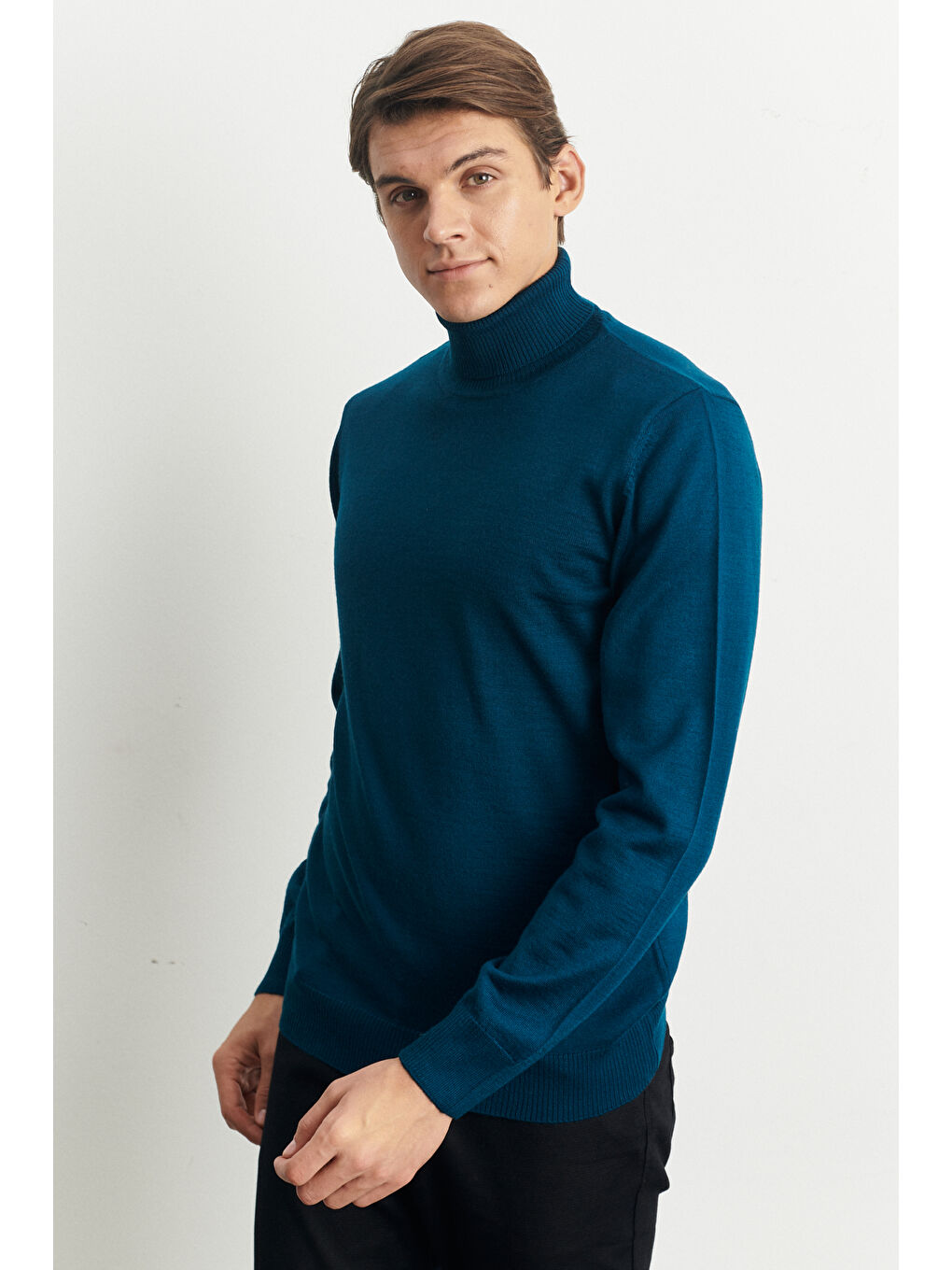 Erkek Petrol Standart Fit Normal Kesim Tam Balıkçı Yaka Yünlü Triko Kazak-4