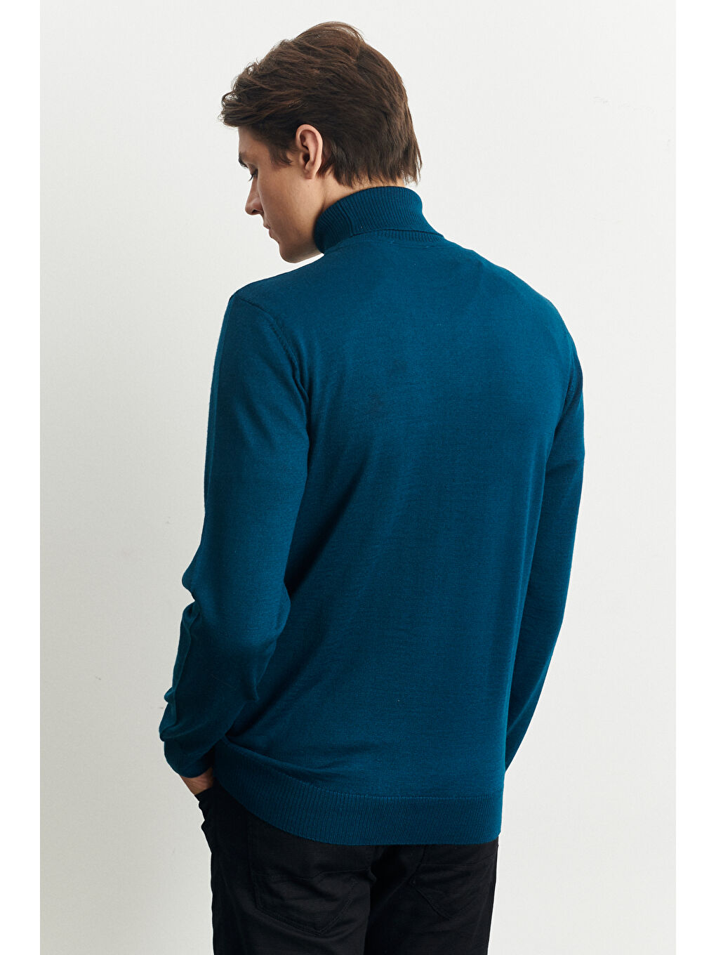 Erkek Petrol Standart Fit Normal Kesim Tam Balıkçı Yaka Yünlü Triko Kazak-5