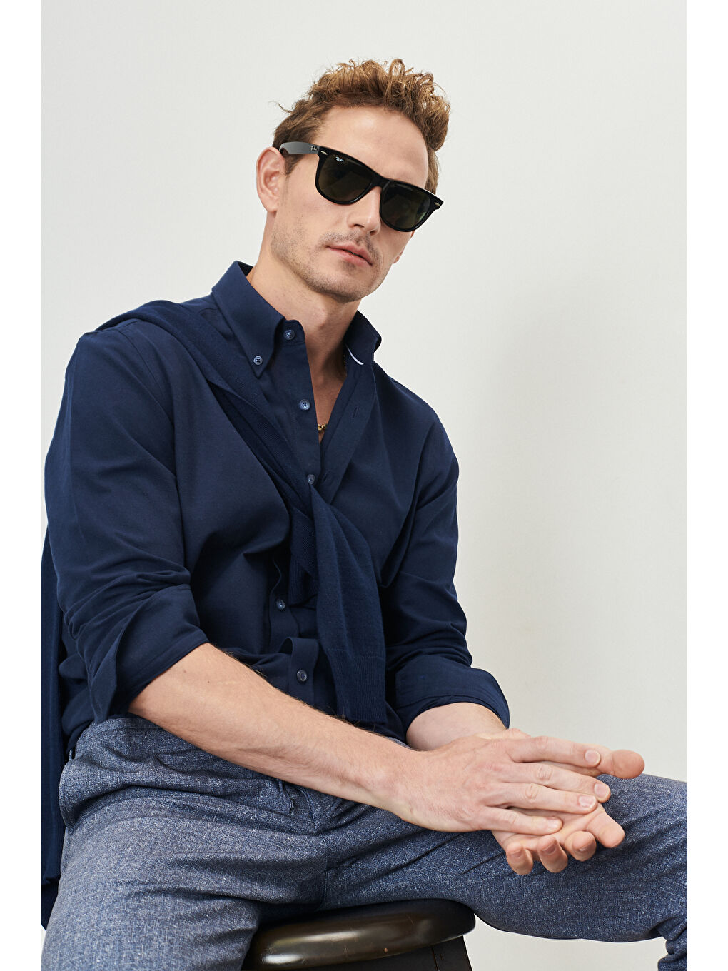 Erkek Lacivert Standart Fit Normal Kesim Tam Balıkçı Yaka Yünlü Triko Kazak-2