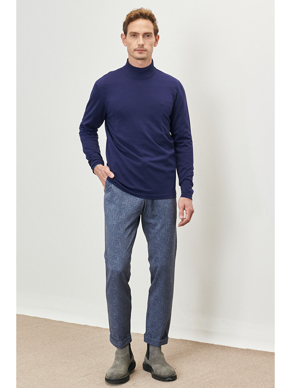 Erkek Lacivert Standart Fit Normal Kesim Yarım Balıkçı Yaka Triko-1