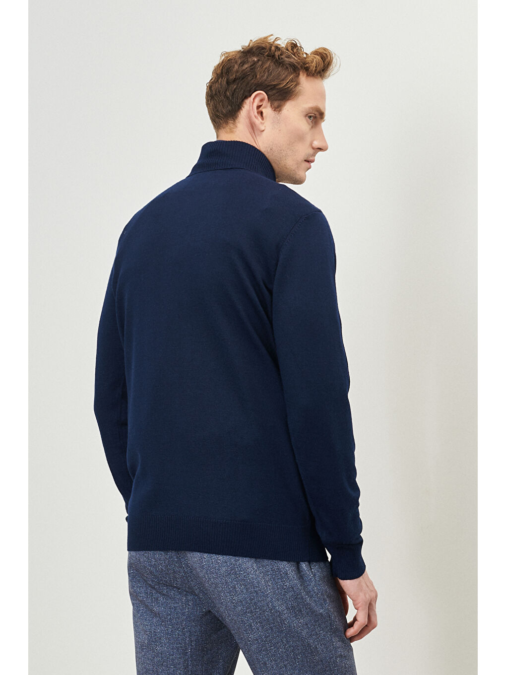 Erkek Lacivert Standart Fit Normal Kesim Tam Balıkçı Yaka Yünlü Triko Kazak-3
