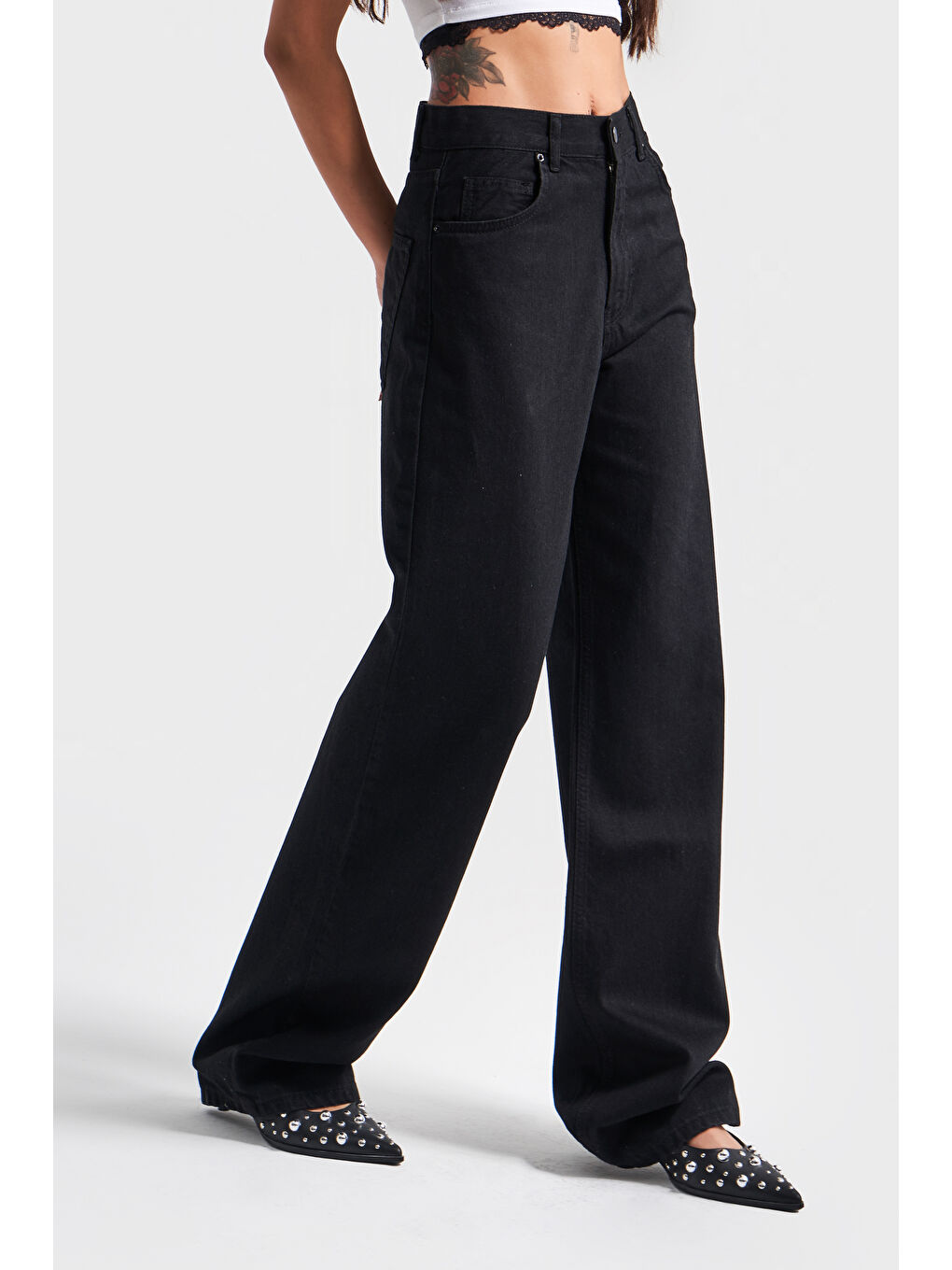 Kadın Siyah Renk 1s5-1 Loose Fit Orta Bel Viskon Kumaş %100 Pamuk Denim Jean-3