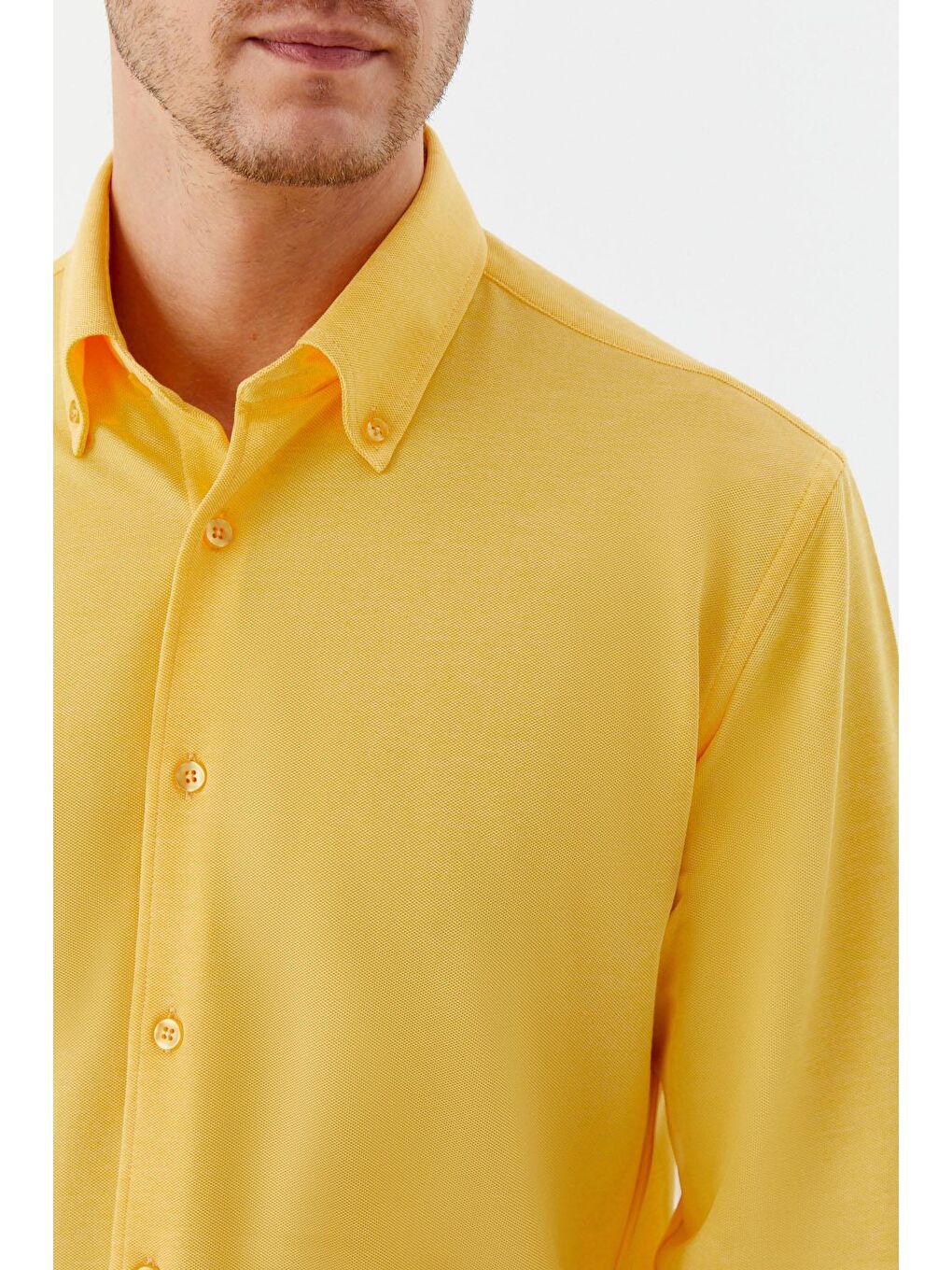 Erkek Sarı Düz Düğmeli Yaka Slim Fit Gömlek-2