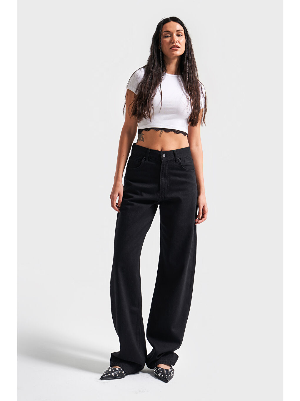 Kadın Siyah Renk 1s5-1 Loose Fit Orta Bel Viskon Kumaş %100 Pamuk Denim Jean-4