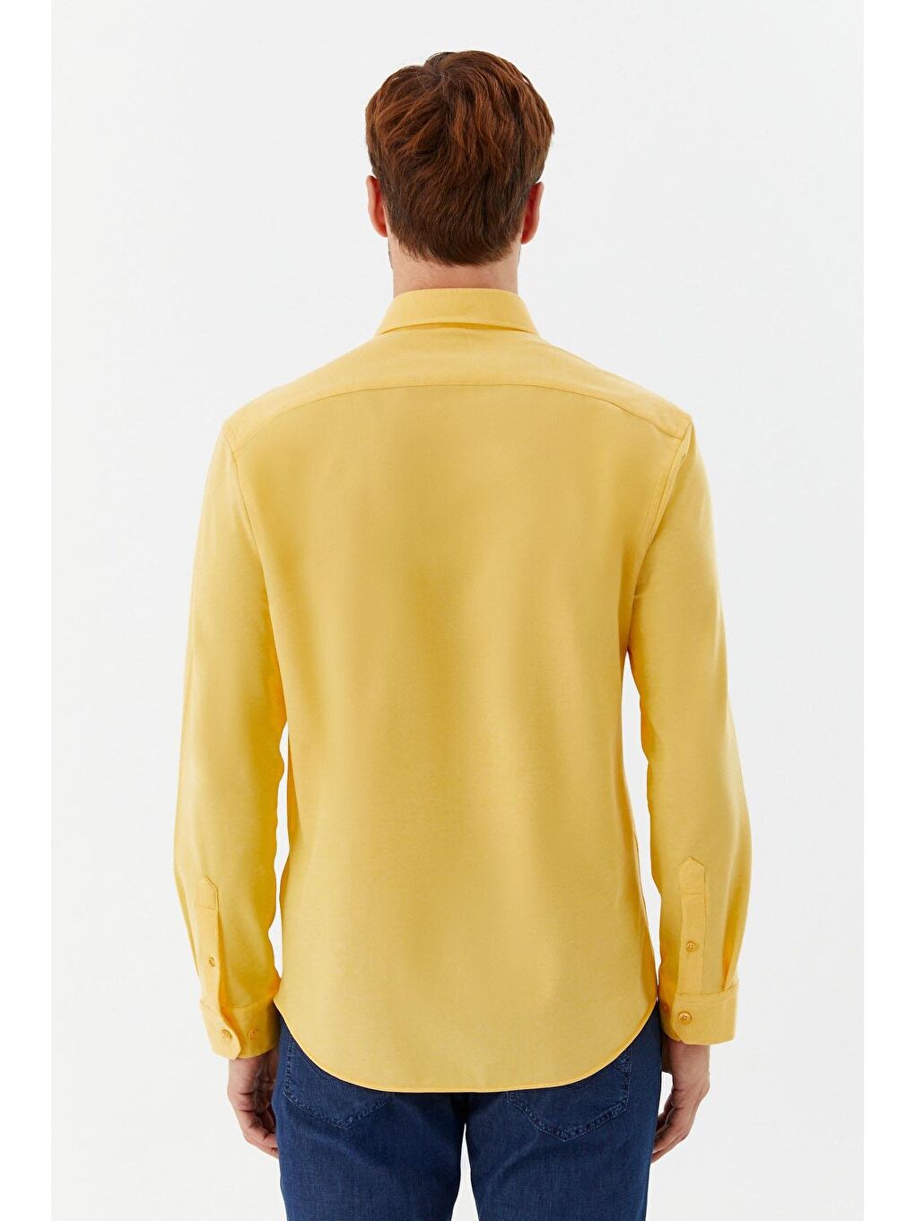 Erkek Sarı Düz Düğmeli Yaka Slim Fit Gömlek-3