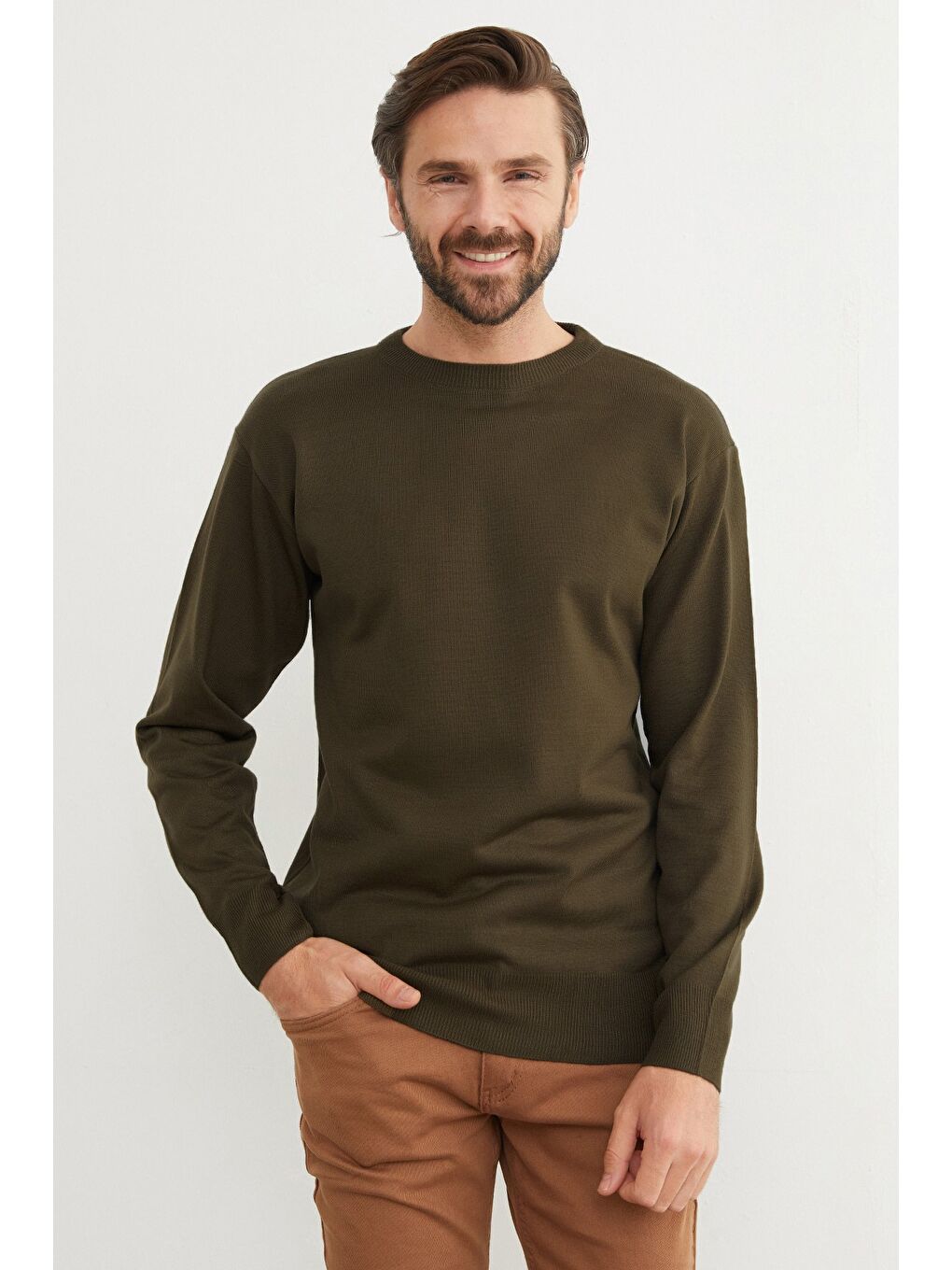 Haki Basic Bisiklet Yaka Triko Kazak-1