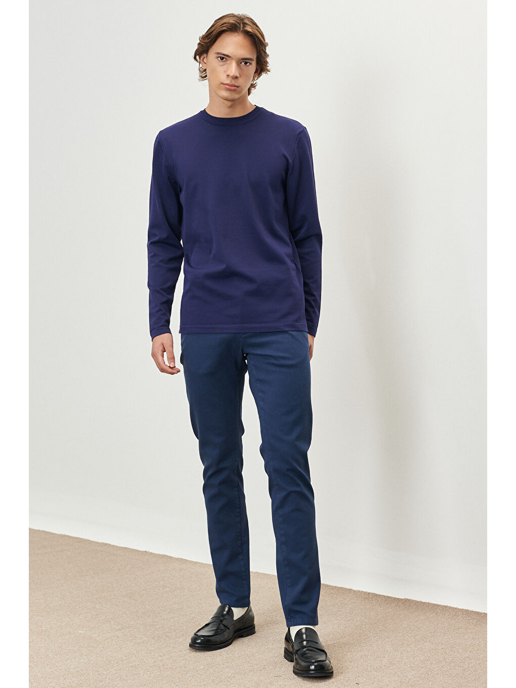 Erkek Lacivert Standart Fit Normal Kesim Bisklet Yaka Triko Kazak-1