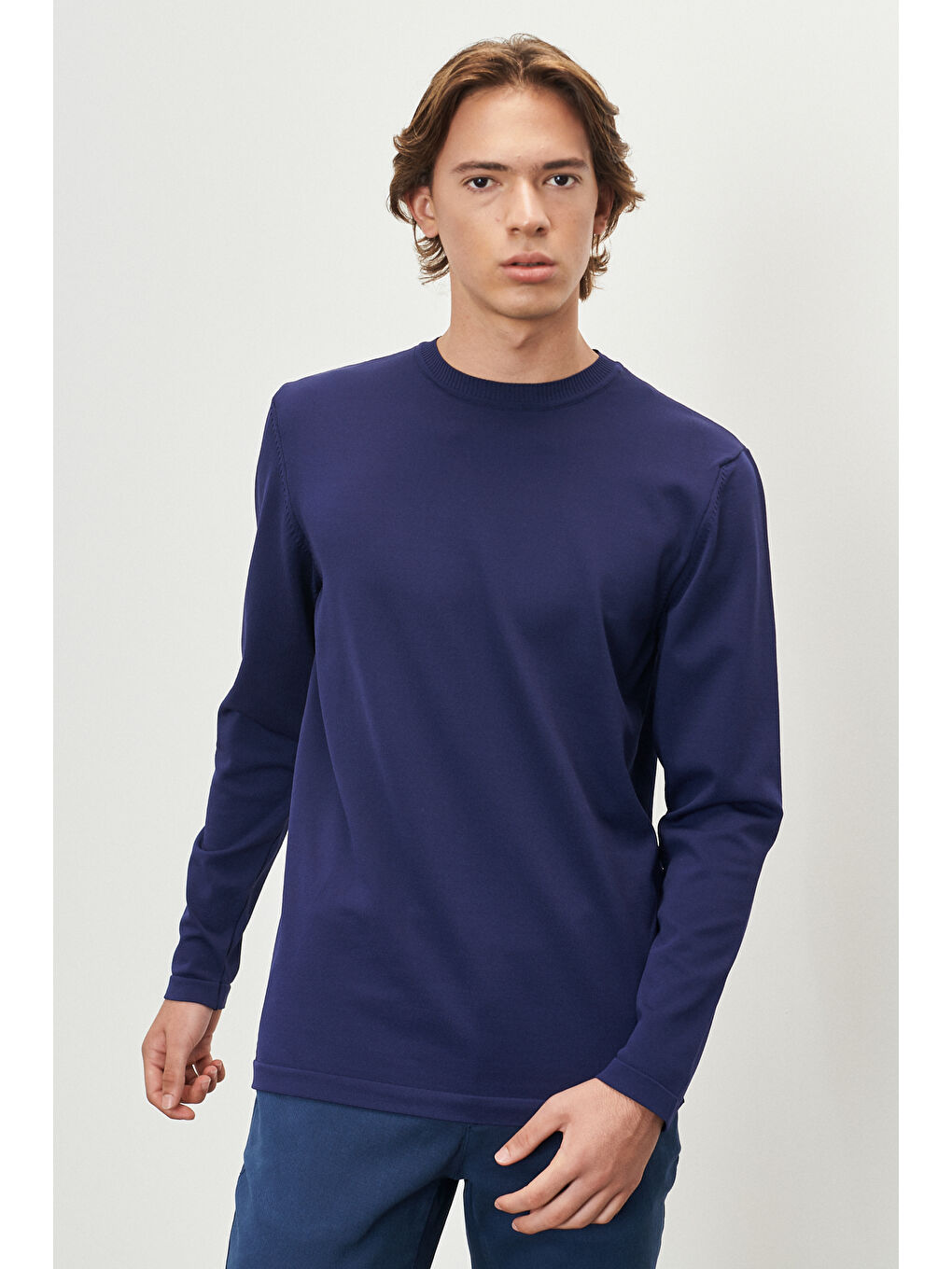 Erkek Lacivert Standart Fit Normal Kesim Bisklet Yaka Triko Kazak-3