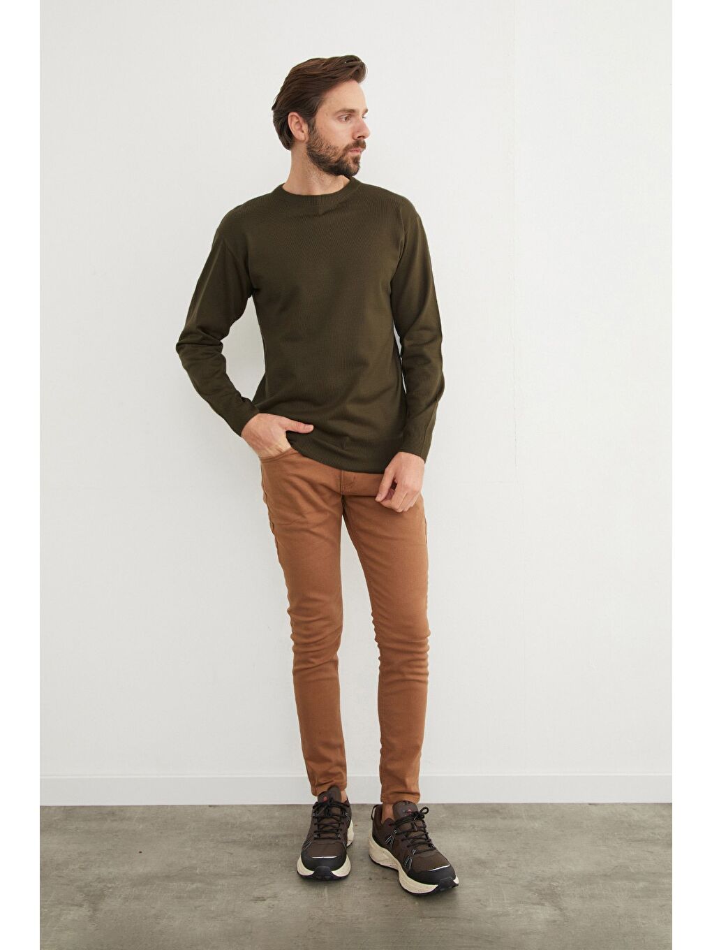 Haki Basic Bisiklet Yaka Triko Kazak-3