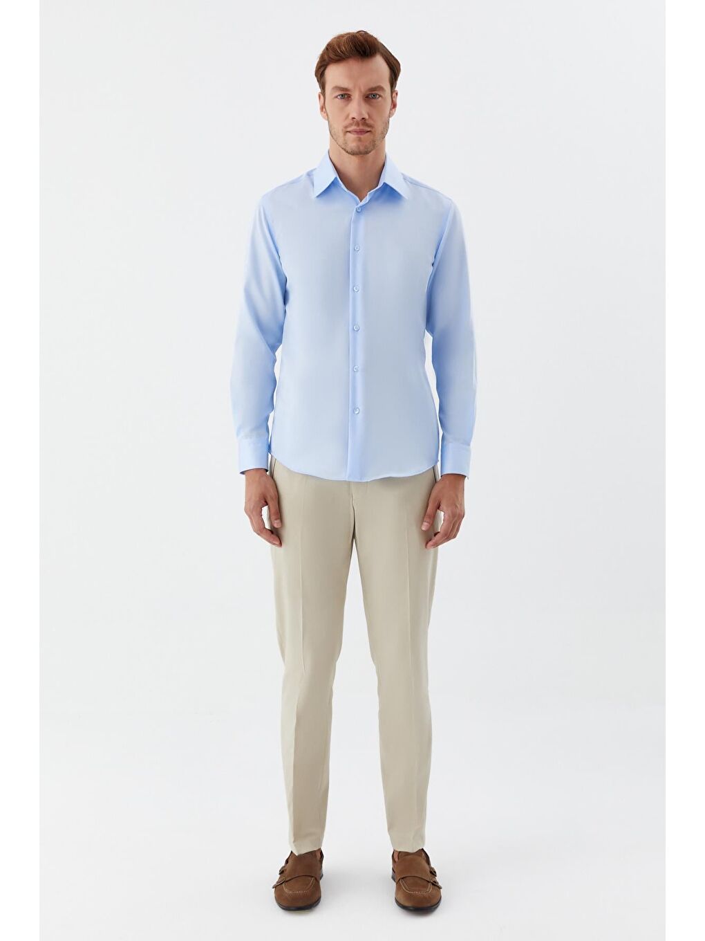 Erkek Mavi Sivri Yaka %100 Pamuk Regular Fit Uzun Kollu Gömlek-1