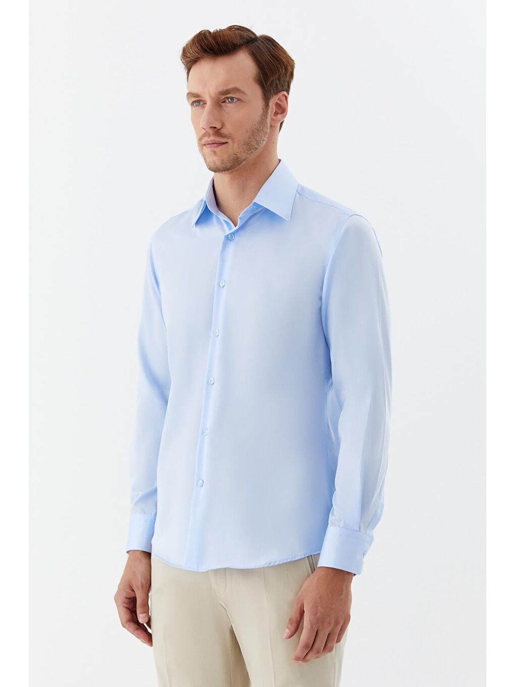 Erkek Mavi Sivri Yaka %100 Pamuk Regular Fit Uzun Kollu Gömlek-2