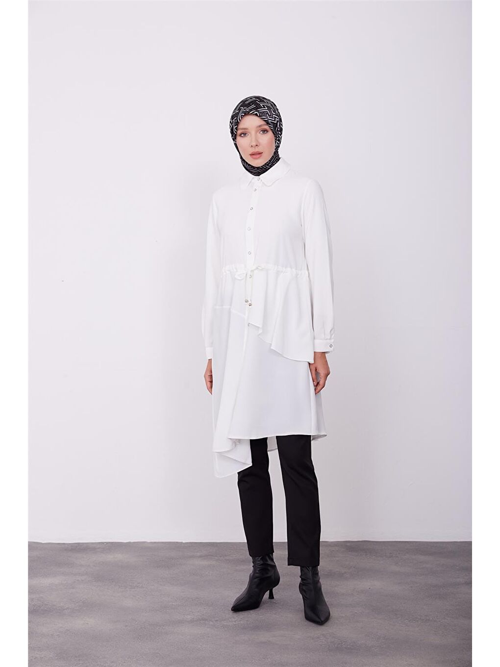 ARMİNE Ekru Beli Tünelli Asimetrik Tunik 23K4707 - 1