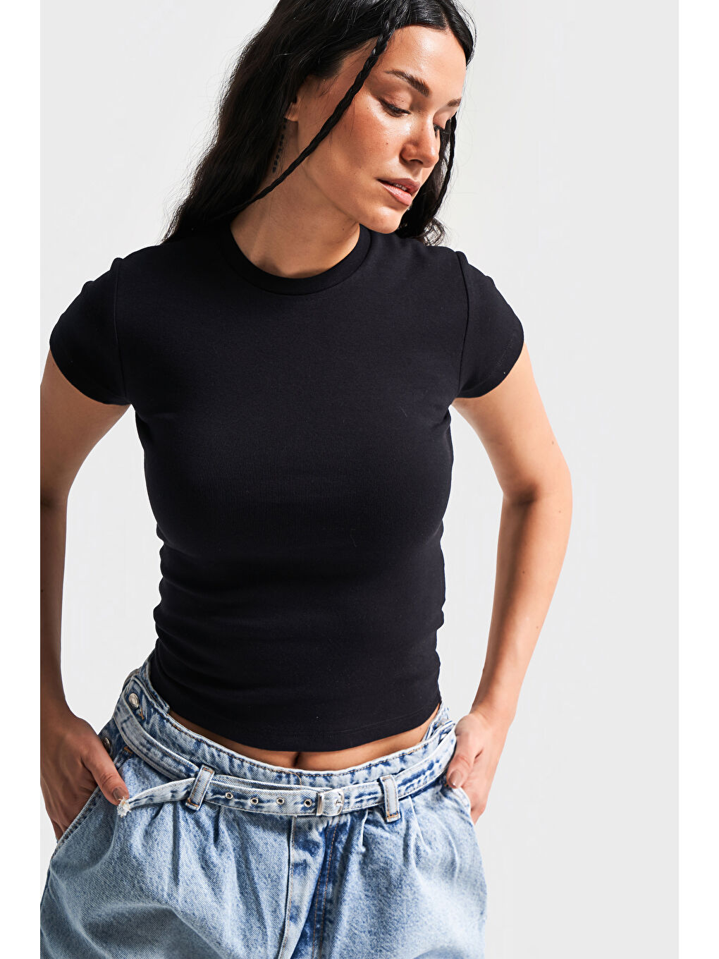 Kadın Siyah Renk s5-1 Süper Esnek Kumaş %100 Pamuk Bisiklet Yaka Basic Body-2