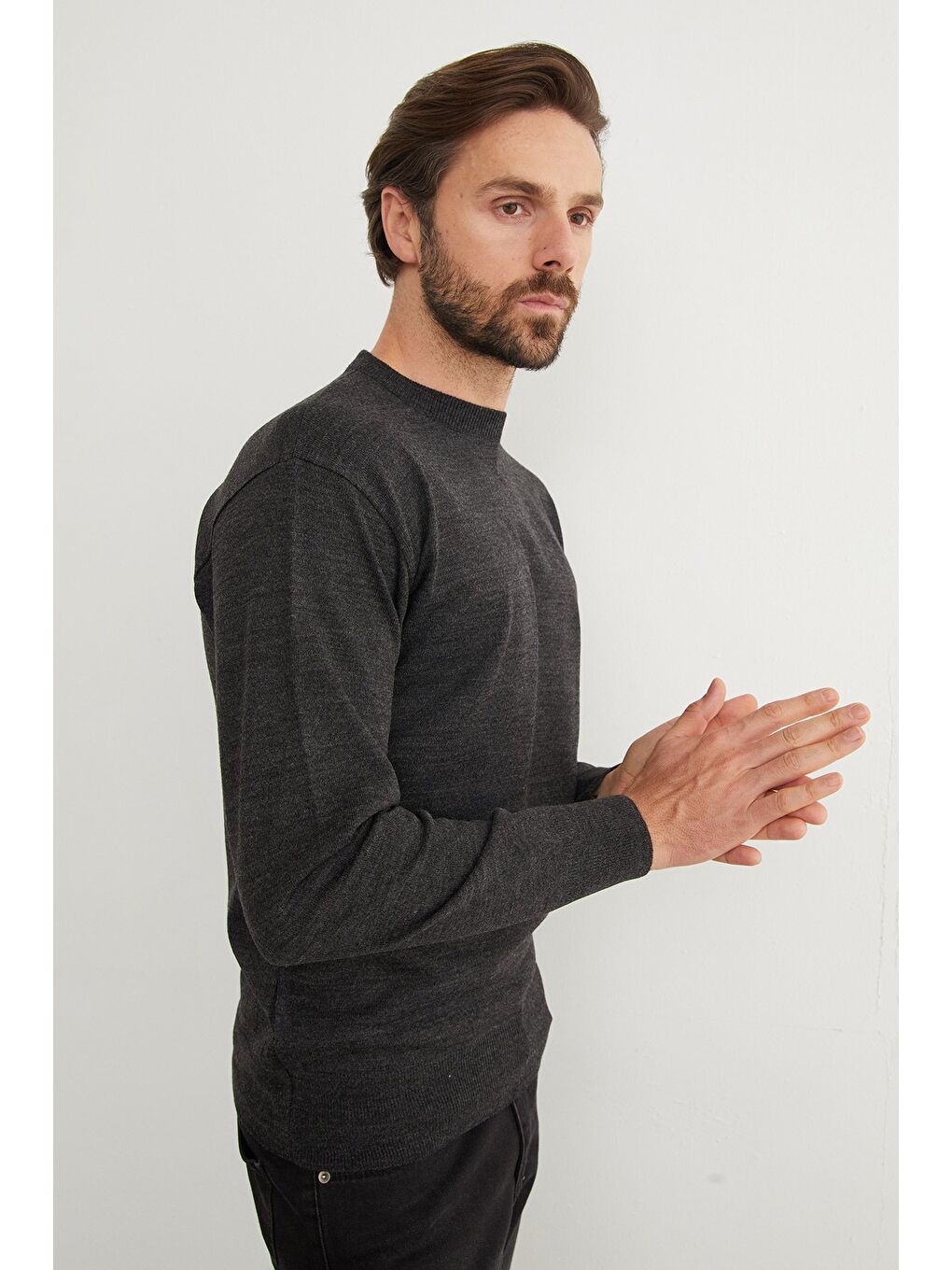 Antrasit Basic Bisiklet Yaka Triko Kazak-1