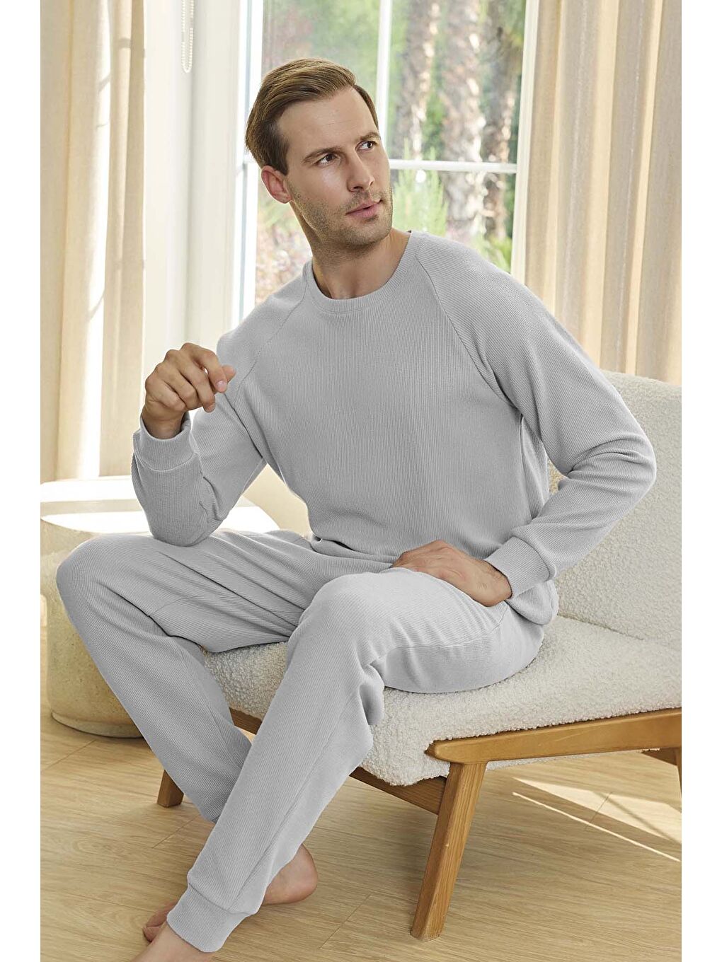 Erkek Waffle Uzun Kol Pijama Takımı 250649 Gri01
