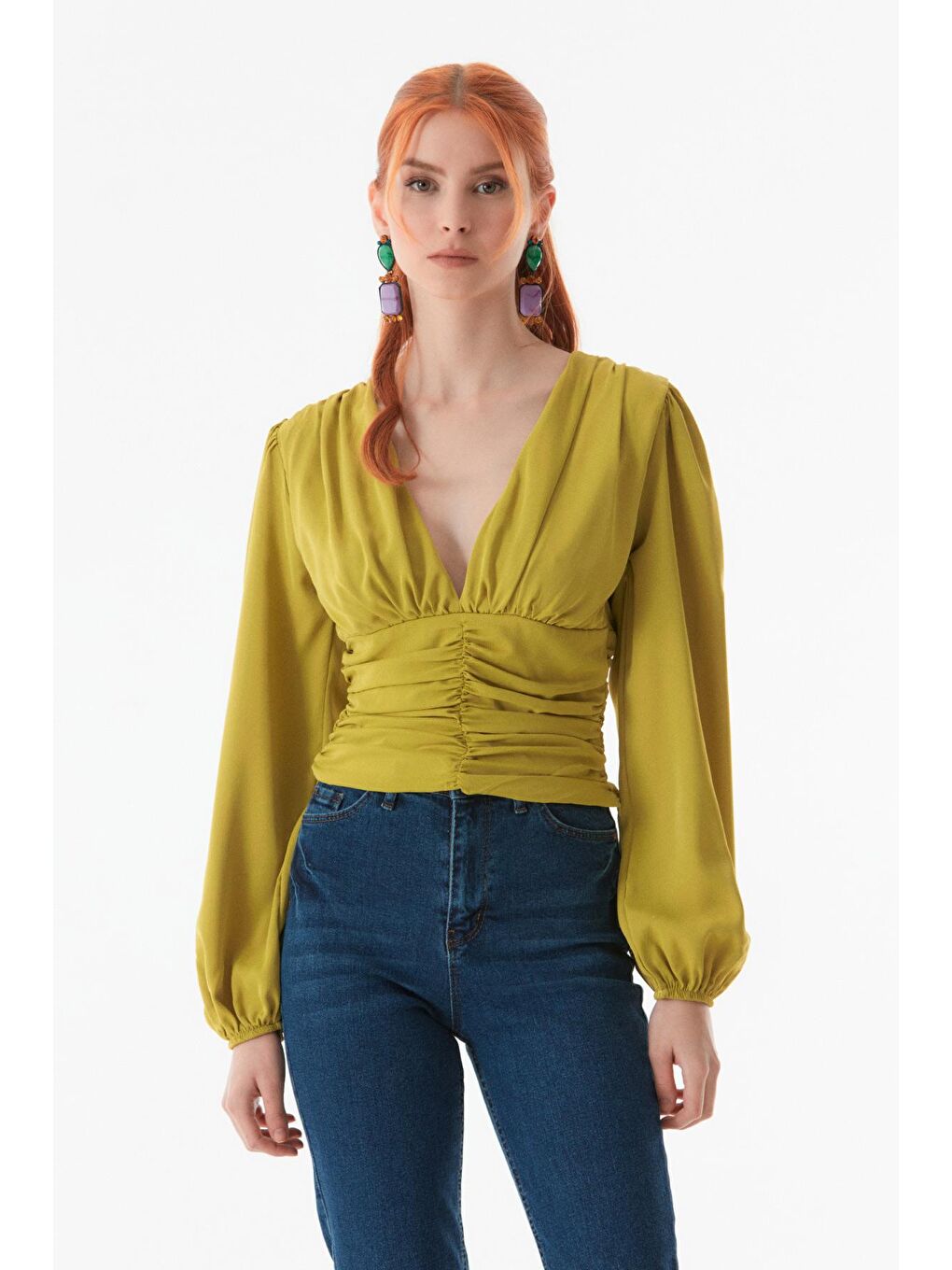 Yeşil Büzgülü V Yaka Bluz